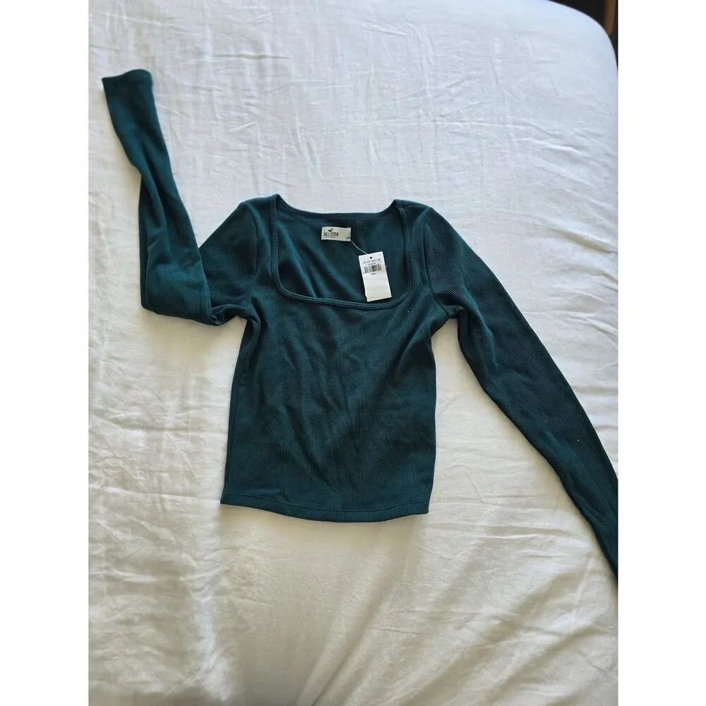 NWT Hollister Women's Square Neck Long Sleeve Top - Teal Green